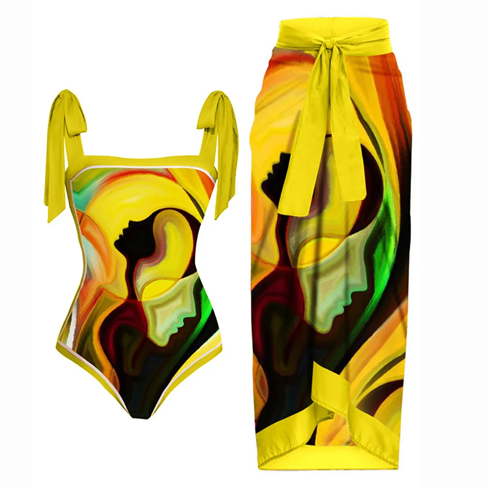 New One-piece High Waist Swimsuits Women's Bikini Tie Swimsuit Skirt Long Skirt Two-piece Swimwear Beachwear Cover Up