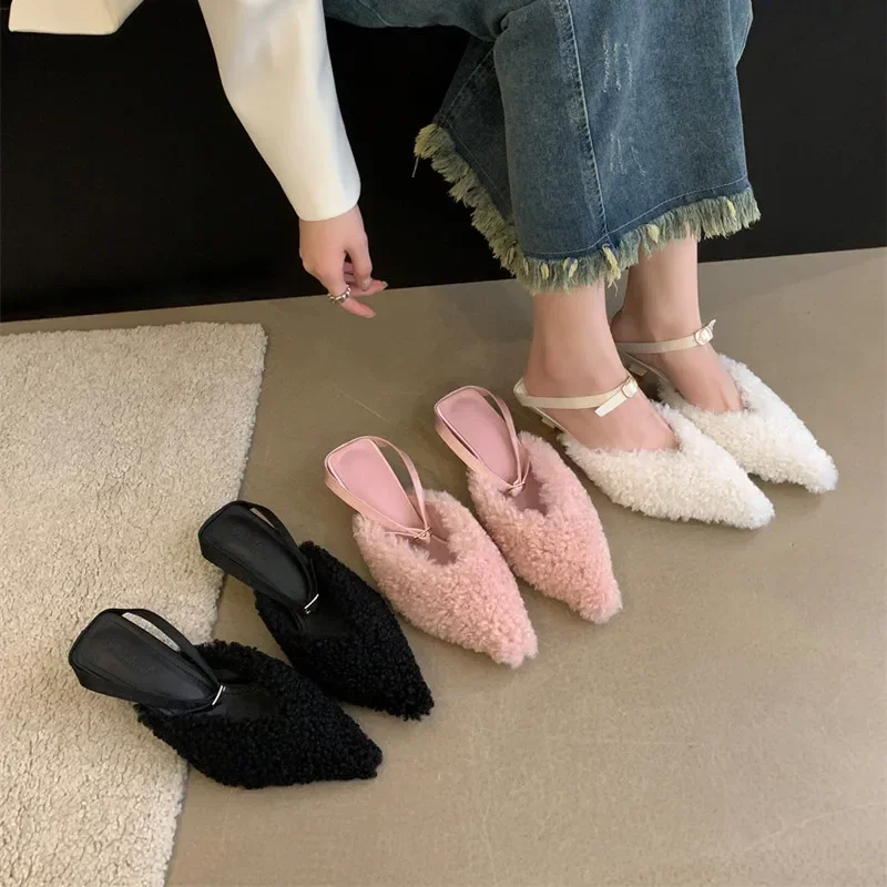 

Women Fur Slipper Winter Pointed Toe Fashion Warm Plush Shallow Slip On Ladies Elegant Mules Shoes Thin Low Heels Mujer Slipper