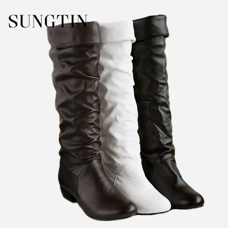 Sungtin White Black Women PU Leather Knee High Boots Fashion Classic Cosplay Boots Brown Ladies Autumn Winter Shoes Long women knee boots