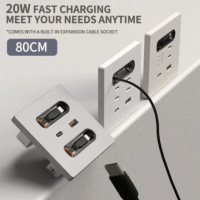 Universal Wall Socket 86-Type White With Retractable Wire Data Cable 20W Fast Charge Type-C PD USB Fast Charging for iPhone 2