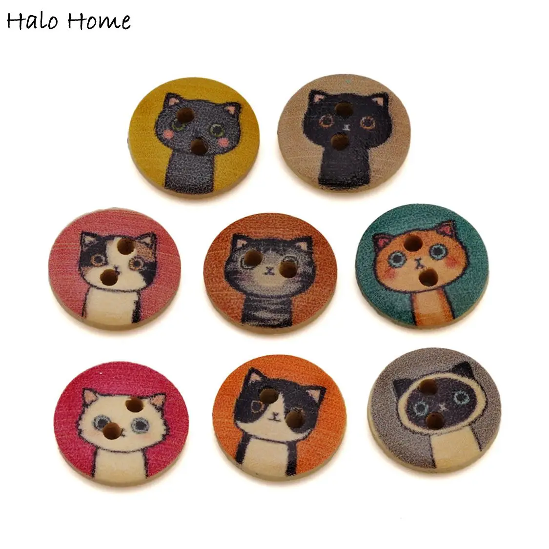 50개 사랑스러운 고양이 프린트 나무 단추, 다채로운 패턴, DIY 봉제, 의류..