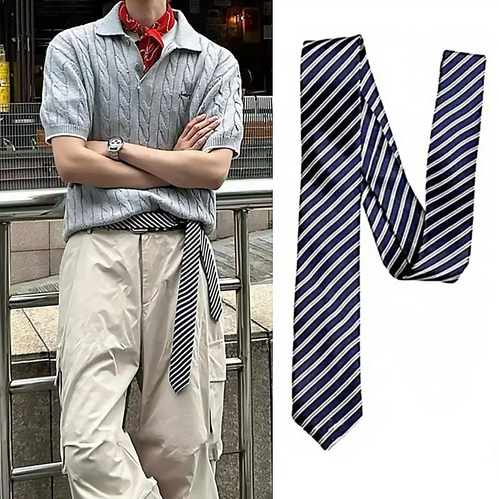 Langer, schmaler, karierter Taillengürtel mit Jeans-Krawattenschal, dekoratives Accessoire, trendiges Haarband, modisches Accessoire – Detail 22
