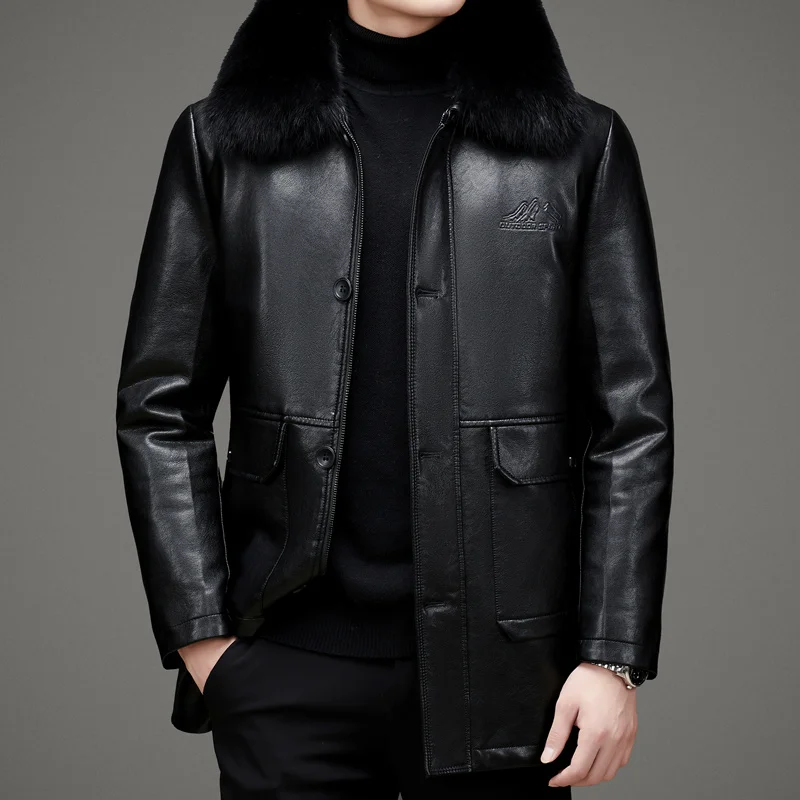 

ZDT-8047 Autumn And Winter Men's Genuine Leather Coat Casual Thickened Warm Short Flip Collar Down Coat Plus Cashmere Jacket