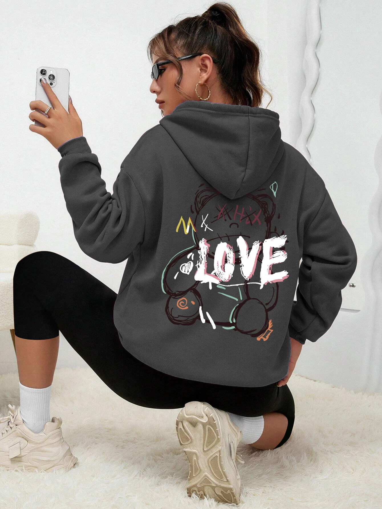 Graffiti Line Bear Simple Print Female Hoody Harajuku S-3xl Sweatshirt Fashion Casual Street Hooded Autumn Warm Streetwear Women