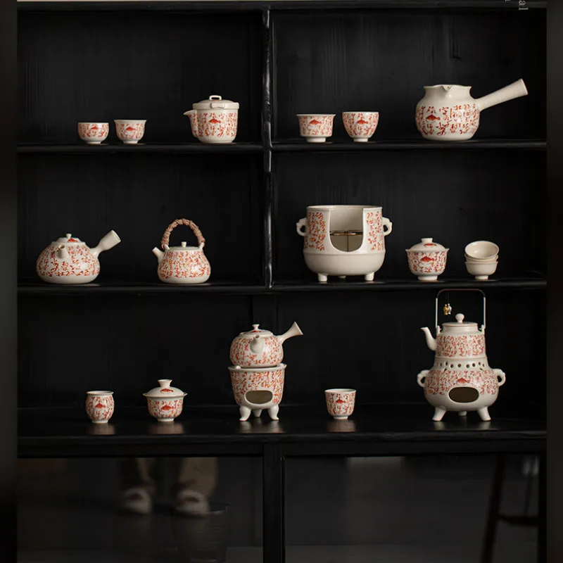 Retro Soda Glazed Fish Poems Tea Warmer Holder Candle Heater Stove Household Kettle Stand Baked Milk Jar Carbon Furnace Teaset