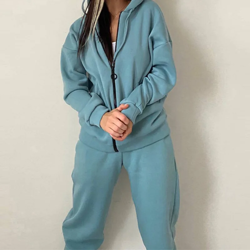 

2023 Autumn Casual Warm Sweatshirt Jogger Sportswear Outfits Women Tracksuit Solid Zip Up Hoodies Straight Pants Two Piece Set
