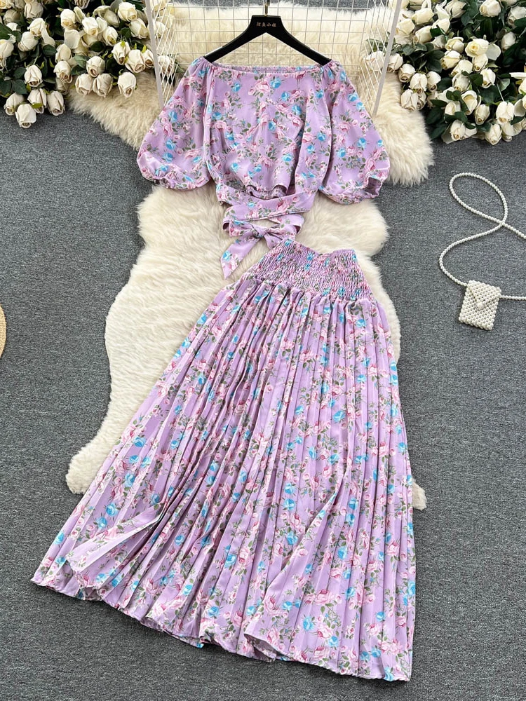Summer Women Printed Two Piece Set Bohemian Vacation Beach Slash Neck Puff Sleeve Short Bandage Tops + Pleated Skirt Suit New