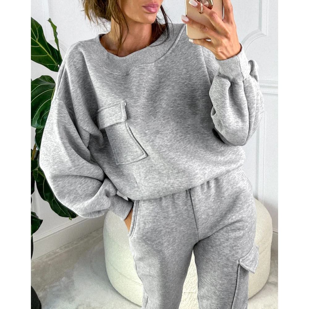 Autumn Off White Two Pieces Sweatpants Set Women Pocket Design Long Sleeve Sweatshirt & Cuffed Pants Sets Causal Streetwear