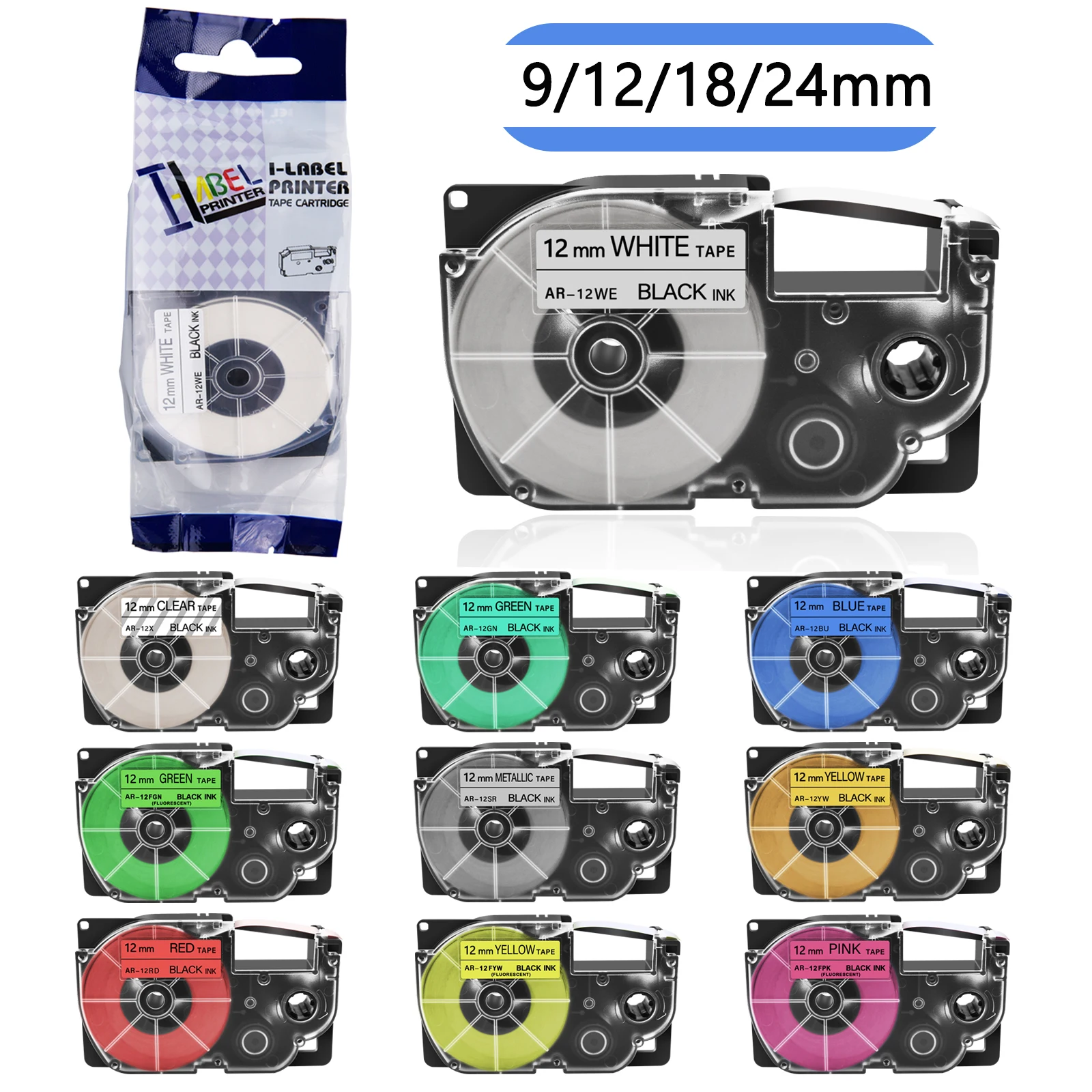 XR-9WE XR-12WE 라벨 테이프, CASIO XR-12X XR-12YW XR-12SR 라벨 카트리지, CASIO KL-60 KL-60SR 라벨 메이커용, 9mm, 12mm, 18mm, 24mm