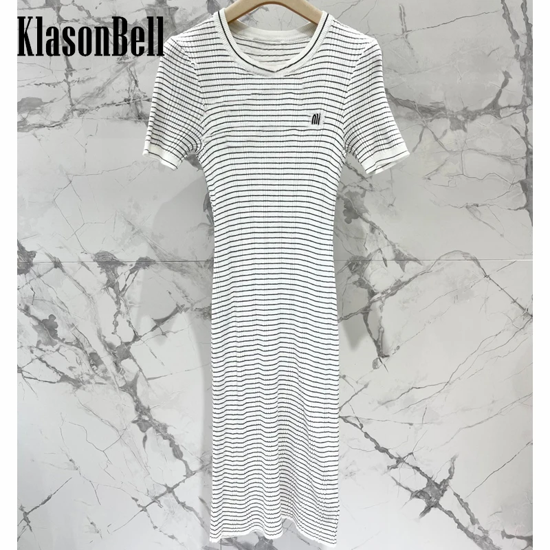 

Женское трикотажное платье KlasonBell, удобное дышащее трикотажное платье в полоску с буквенным принтом, Новинка лета 5,27