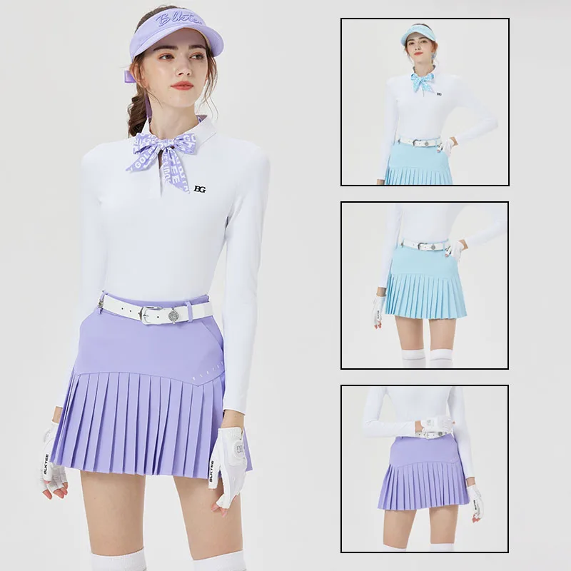 

Blktee Female Turn-down Collar Golf Tops Bowtie Stretch Long Sleeve Shirts Lady Golf Pleated Skirts High Waisted Skorts Suits