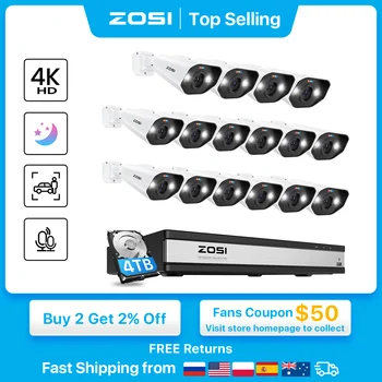 ZOSI 16CH 4K PoE 홈 보안 카메라 시스템, 8MP NVR 세트, 야외 실내 컬러 나이트 비전, AI IP 카메라, 비디오 감시 키트