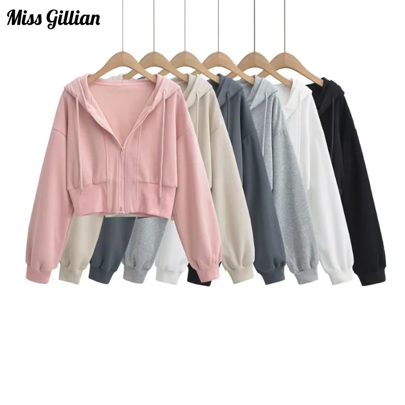 

Zip Up Hoodies Women Hooded Long Sleeve Crop Top Solid Short Style Harajuku Chic Trendy Simple All-match New Vintage Streetwear