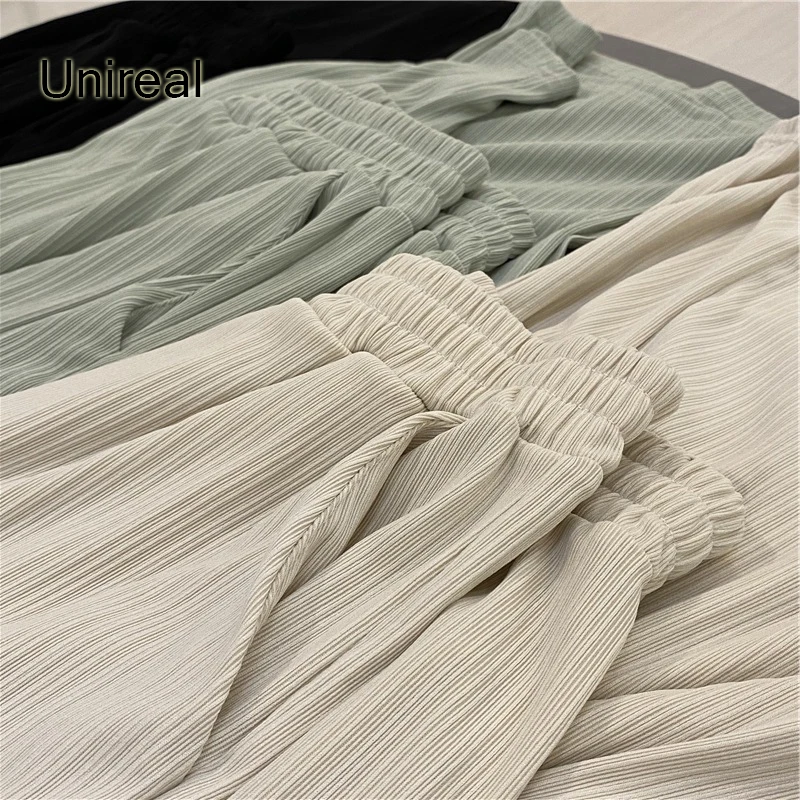 

Unireal 2022 Summer Autumn Women Wide Leg Pant High Waist Solid Black Pleated Elastic Casual Palazzo Pant Trousers