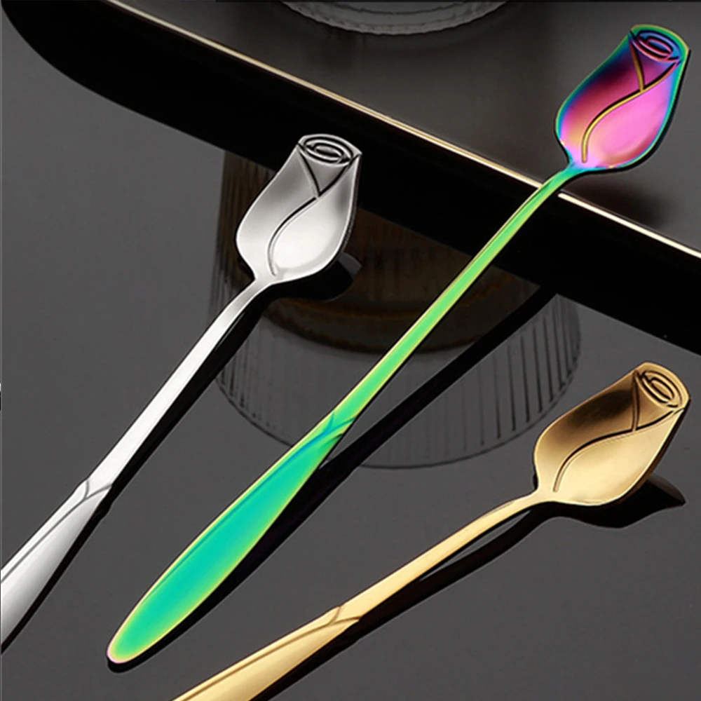 Stainless Steel Spoon Long Handle Stainless Steel Coffee Spoons Rose Stirring Spoon Teas Coffee Flower Shaped Spoons For Picnic Stirring Kitchen Tool