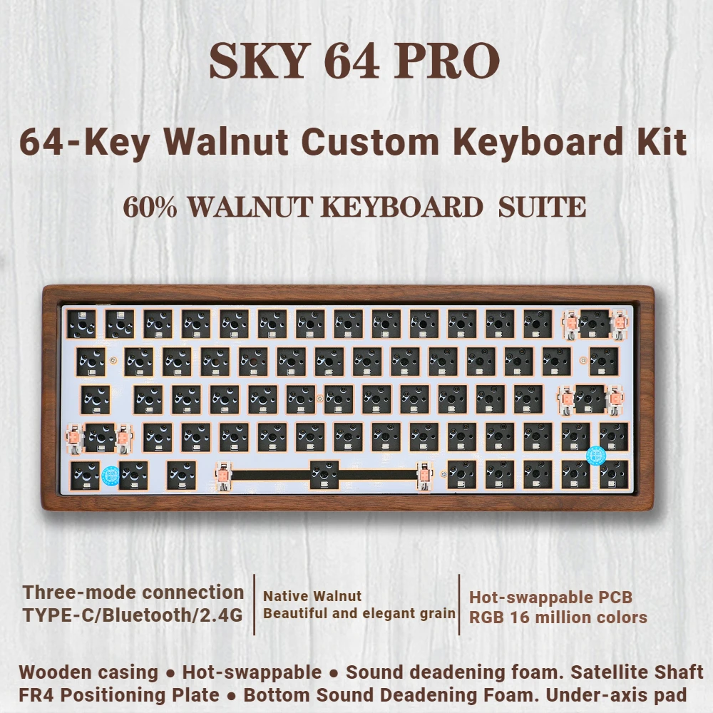 

ECHOME Walnut Mechanical Keyboard Kit 64 100 Wireless Tri-mode Bluetooth Hot-swap RGB Gasket Custom Wooden Gaming Keyboard Gift