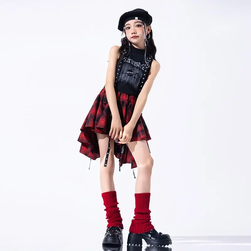 Hip Hop Girls Crop Top Plaid Street Dance Skirt Kids Ribbon Pleated Skirts Teens Jazz Cool Costumes Child Streetwear Clothes Set 4