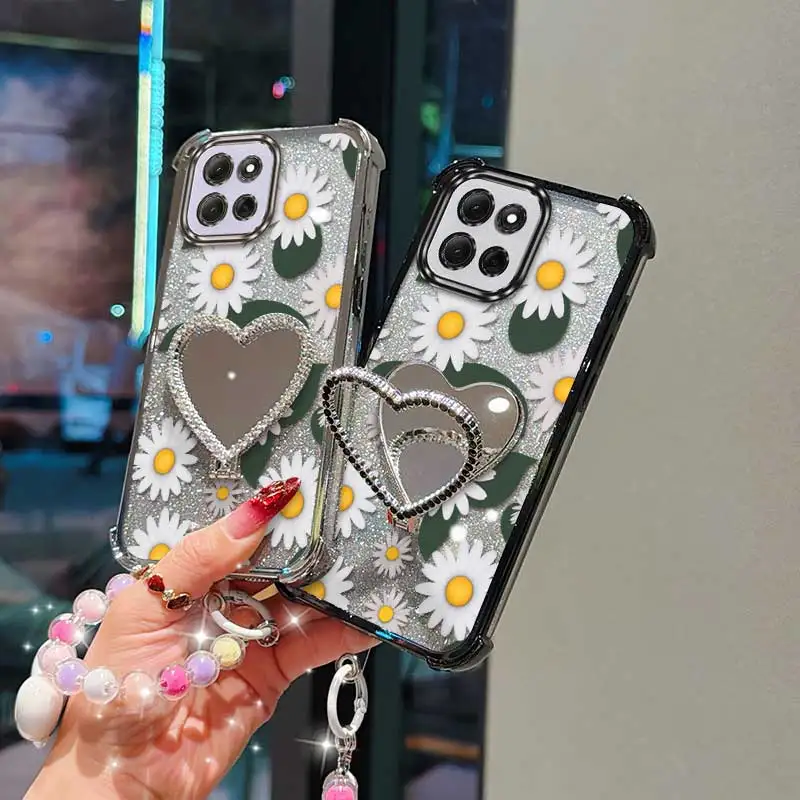 White Daisy Phone Case Set with Lanyard and Circular Stand - Premium Comfortable Feel