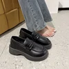 Retro black thick soled small leather shoes for women in autumn French style thick heels and round toe white loafers 3