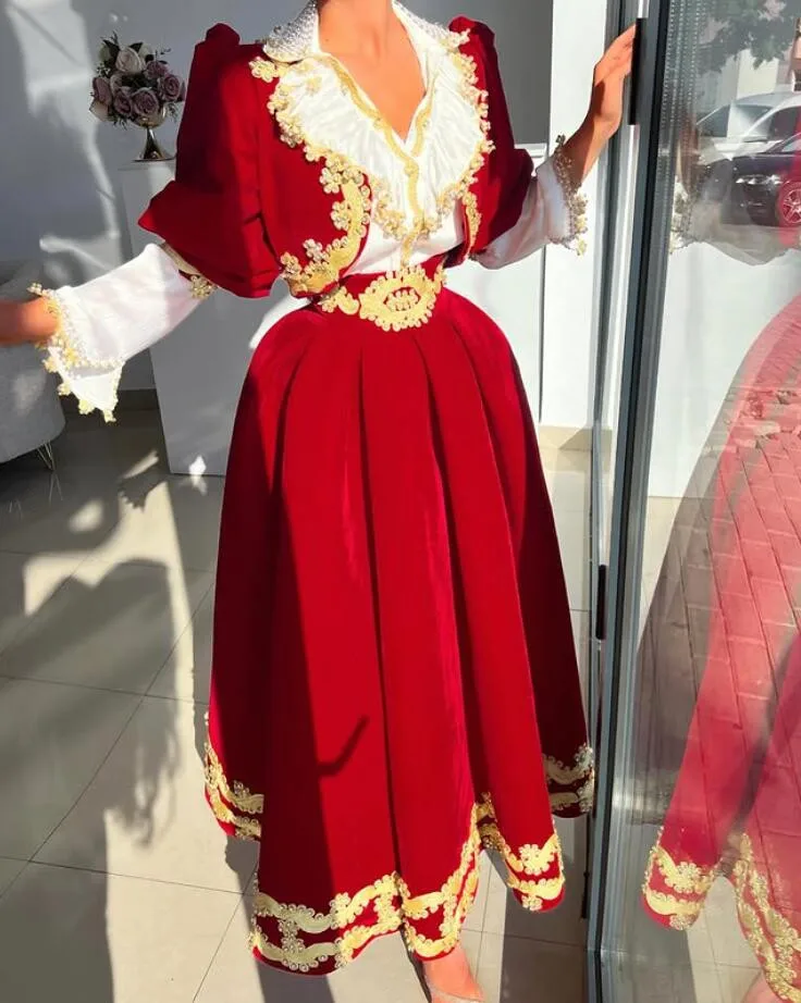 Gold Red Vevlet Arabic Evening Occasion Dresses with Long Sleeve 2025 Customsized Albanian Kosova Ankle Length Prom Gown 2