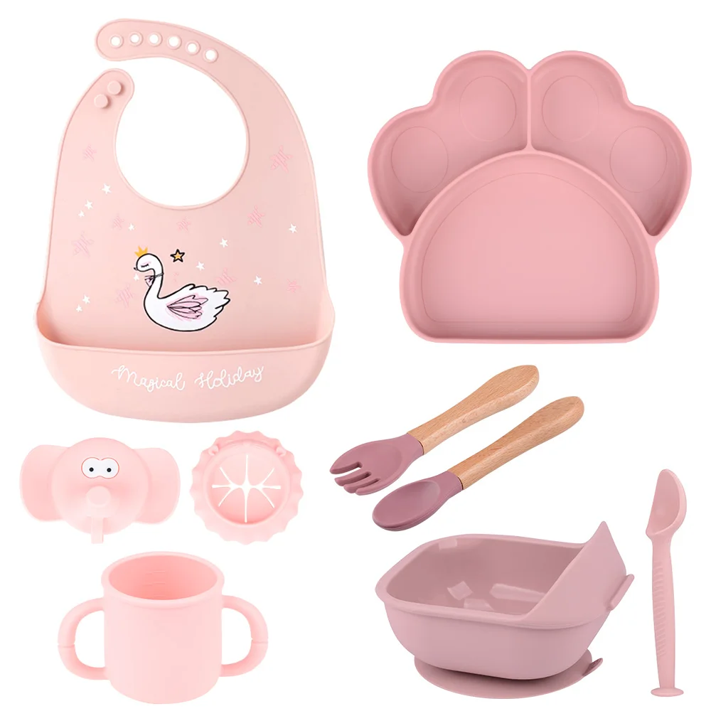 

Lofca Baby Products 4 Pieces Silicone Suction Bowl Cup Bib Spoon Fork Set Non-Slip Cutlery Kids Feeding Tray BPA Free