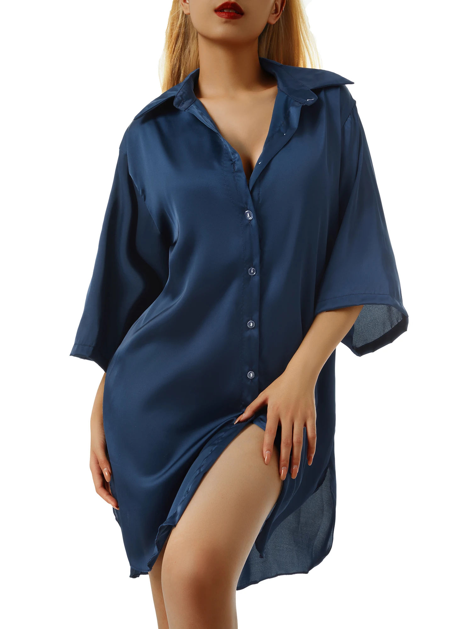 Underwear Summer Sleeping Shirt Women Sleep Tops Half Sleeve Single Breasted Loose Nightshirt for Home Wear Lounge 4 Colors - 6