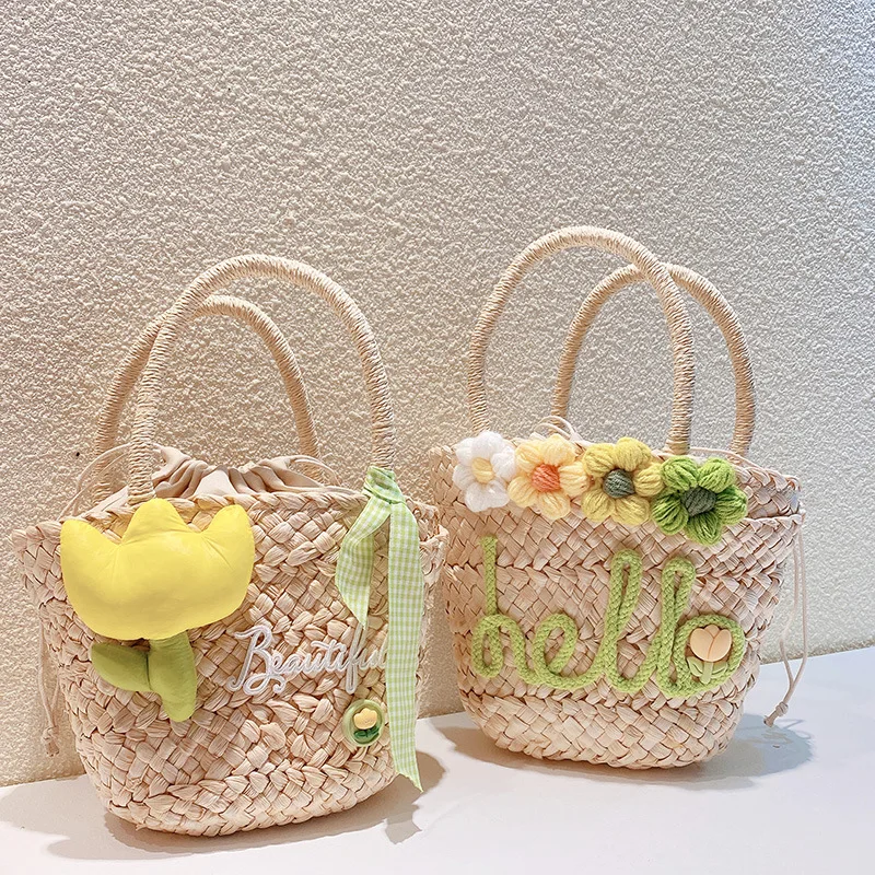 

INS Style Summer Kids Girls Straw Handbags With Tulip Flower Embroidery Handmade Woven Bags Beach Bags Child Seaside Bag Bucket