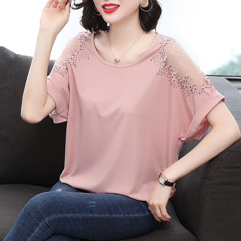 

Women's Summer TShirt Middle Aged Loose Top Casual Short Sleeve Embroidered Large T-shirt For Women