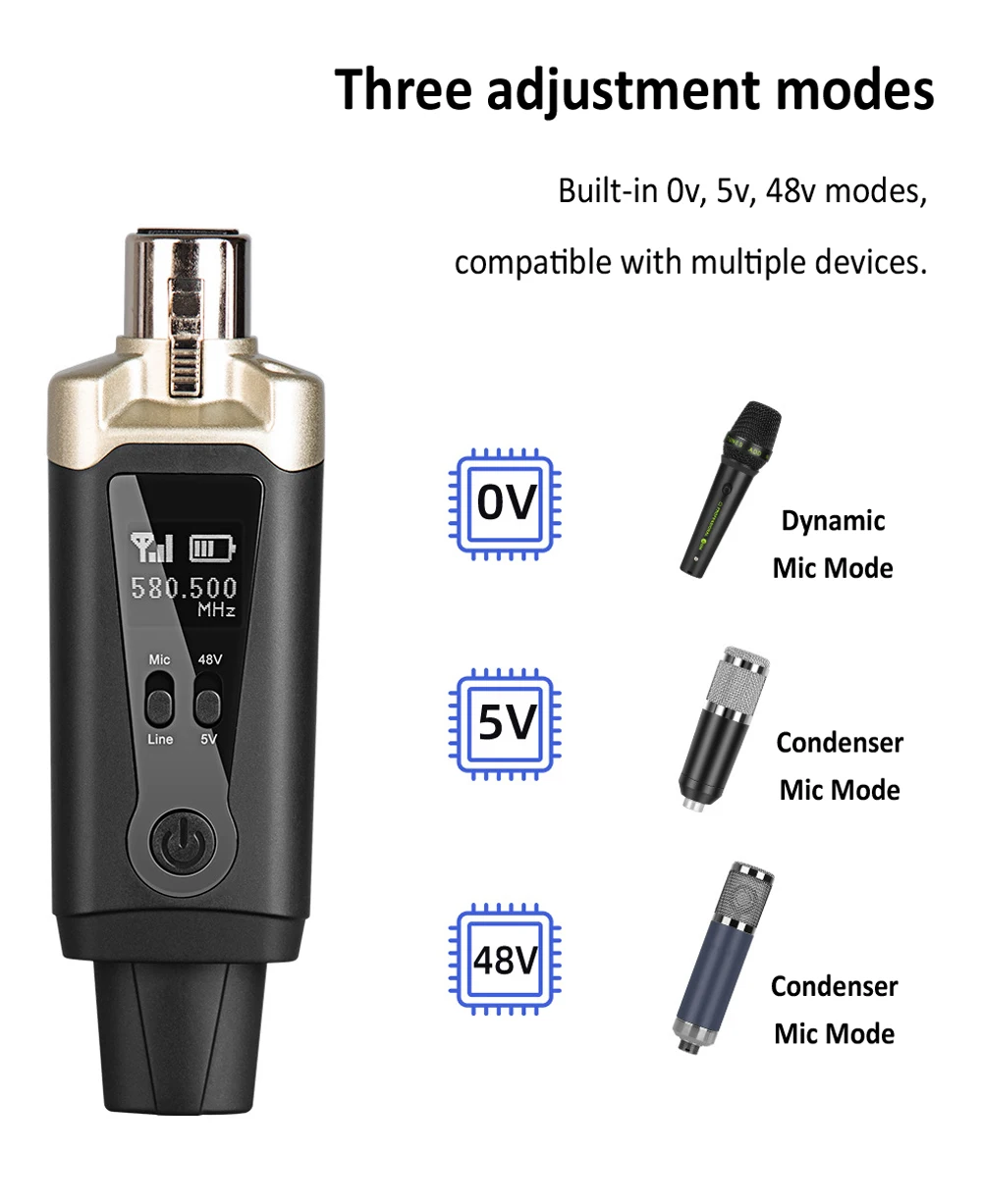 Wireless Microphone System XLR Mic Converter Transmitter and Receiver UHF Automa
