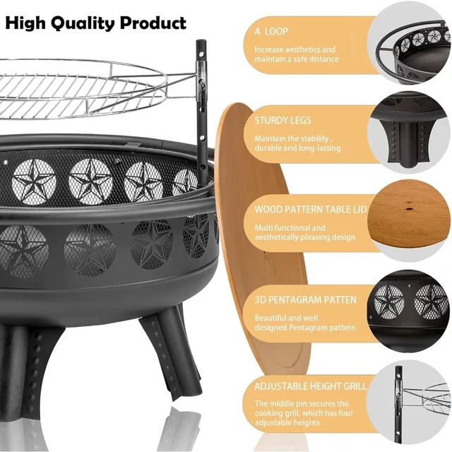 32 Inch Fire Pit with Swivel Cooking Grate,3-in-1 Wood Burning Firepit with Grill,Outdoor Fire Pits Table with Metal Lid and Pok 6