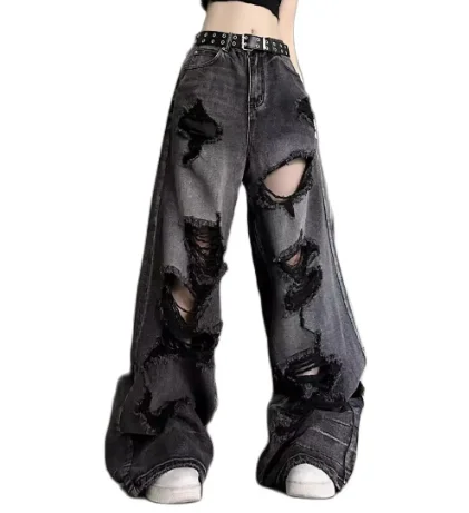 Vintage High Waist Denim Pants Ripped Jeans Women Fashion Loose Wide Leg Straight Pants Y2k Streetwear Female