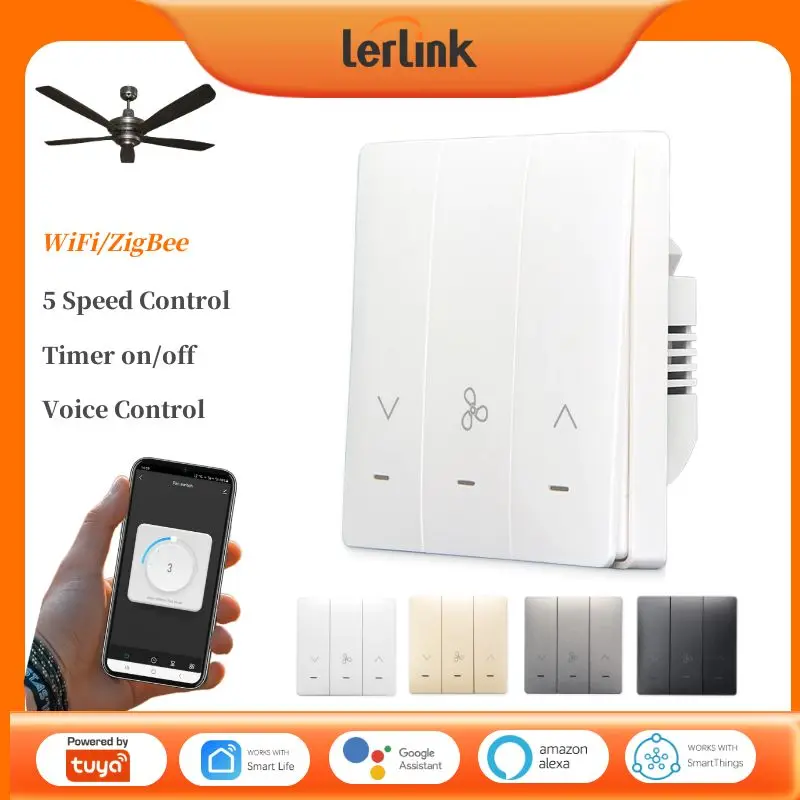 TuyaWifiZigBeeCeilingFanSwitchSmartFan5SpeedControlTimerOn