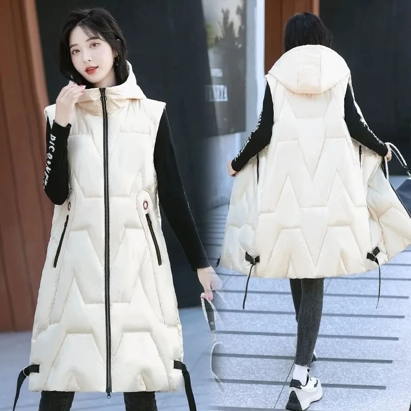 Long Hooded Down Cotton Vest 2022 Autumn Winter Jacket Vest Jackets Outwear Waistcoat Loose Fat Female's Sleeveless Coat Retro