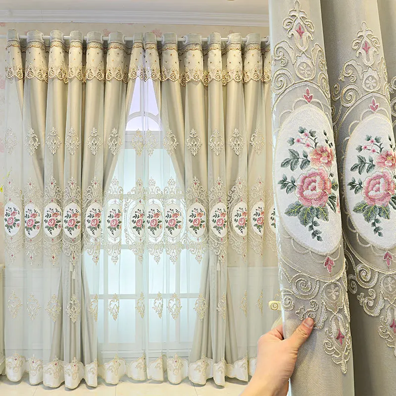 2025 New European Cloth Curtain+Voile Curtains Double Layered Window Curtain Embroidered Pink Flowers Blackout Drapes Home Decor 4