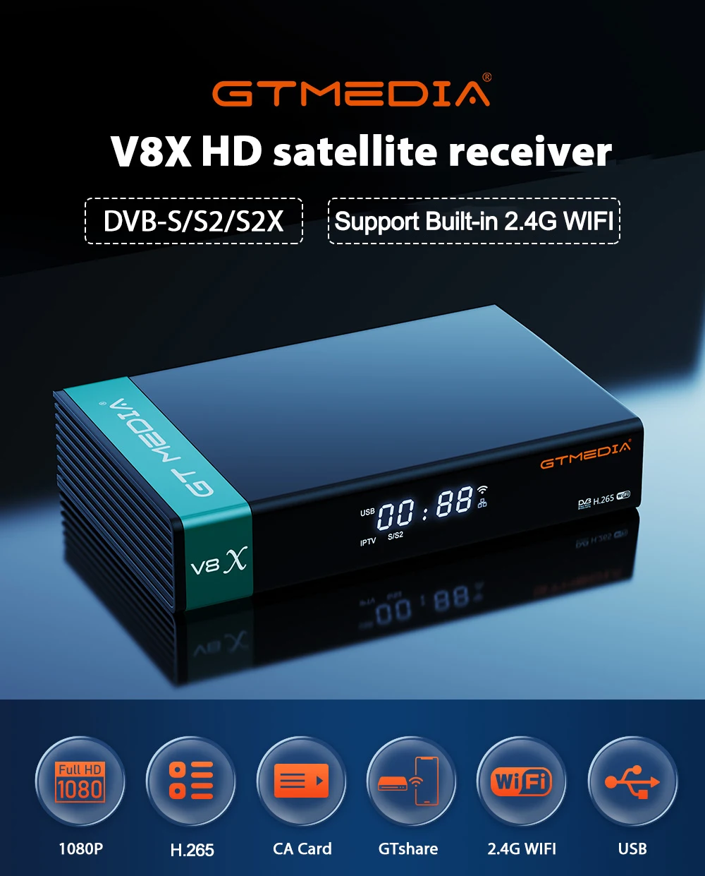 Description Picture 2 of itemGTMEDIA V8X HD 1080P Satellite Receiver DVB-S/S2/S2X Built-in 2.4G WIFI H.265 Support SAT to Gtplayer TV Receivers Mars V8X
