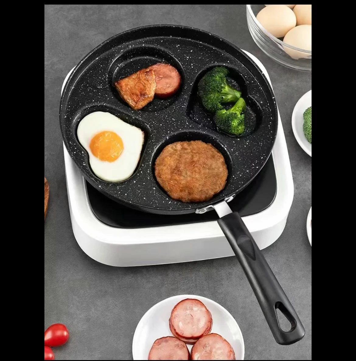 Egg Pancake Cookware Medical Stone 4 Hole Cooking Egg Ham Pans Thickening and durability Frying Pan Non Stick Breakfast Burger
