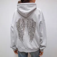 Autumn Winter Women's Hoodie Trousers 2piece Set Solid Vintage Shiny Wing Print Long Sleeve Zip Up Casual Sweatshirt Streetwear - Image 2