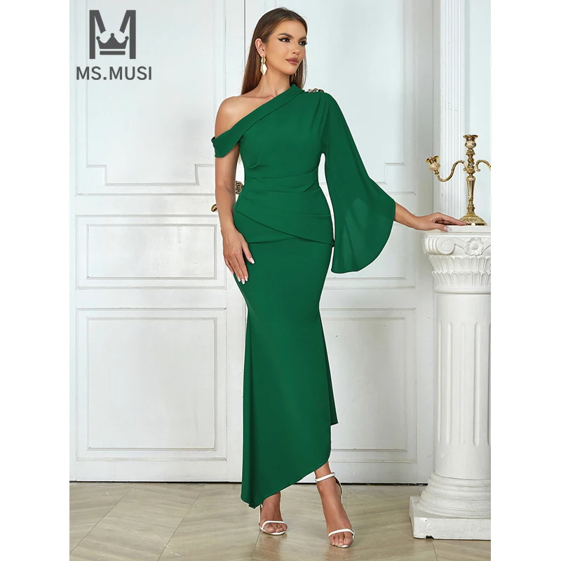 

MSMUSI 2024 New Fashion Women Sexy One Shoulder Off The Shoulder Draped Fold Long Sleeve Bodycon Party Club Event Maxi Dress