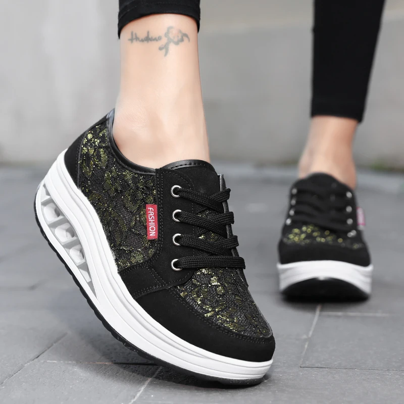 Lightweight Women Toning Shoes Lace Up Green Beige Ladies Slimming Flat Platform Swing Wedge Trainer Fitness Walking Sneaker