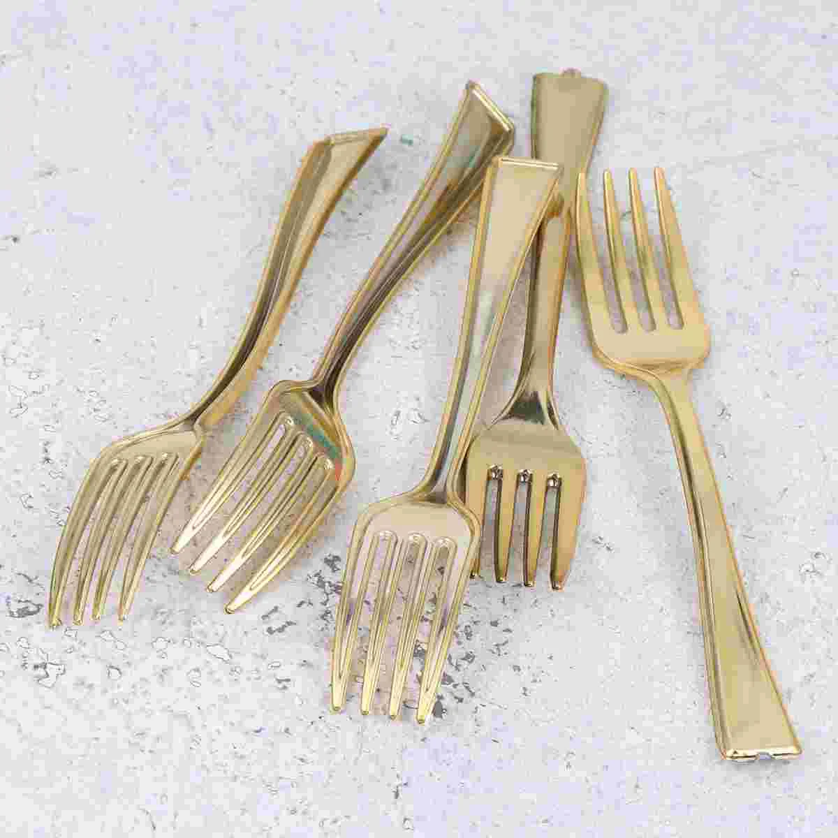 Stainless Steel Table Forks Plastic Disposable Mini Gold Utensils Flatware Salad Cutlery Cocktail Cake Dessert Tasting 24pcs