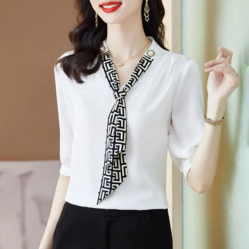 Women's Clothing Commute Solid Color Chiffon Shirt Summer Half Sleeve Chic Pearl Button Elegant V-Neck Bandage Straight Blouse