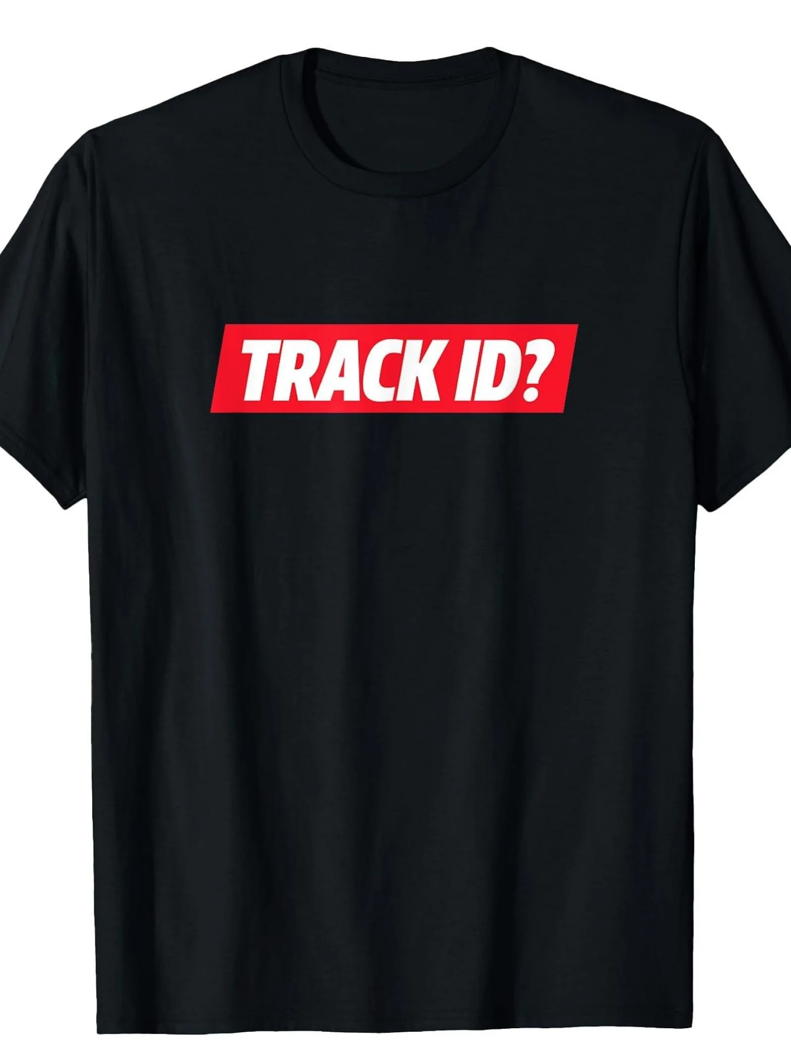 Men's Heavyweight Cotton T-Shirt TRACK ID Techno EDM Rave Party Tee Black Red Text Concerts Music Festivals Round Neck Shirt