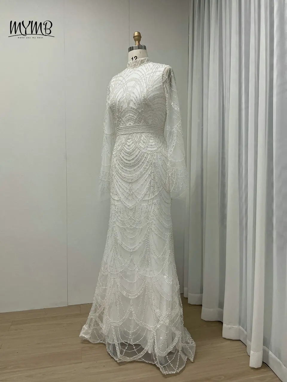 MYMB Weiß Muslimischen Elegante Meerjungfrau Mit Langen Ärmeln Arabisch Abendkleid für Frauen Party Luxus High Neck Perlen Formale Kleider MB40254 – Detail 11