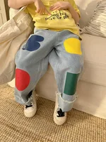 2024 Spring New Children Loose Jeans Baby Girl Color Printing Casual Pants Toddler Boy Harem Pants Kids Versatile Denim Trousers 3