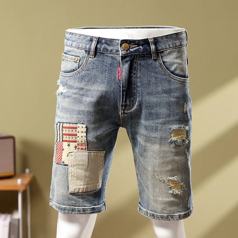 Jeans Short Men's Stitching Patchwork Ripped Trendy Slim Embroidered Personality Street Retro Biker's Middle Pants