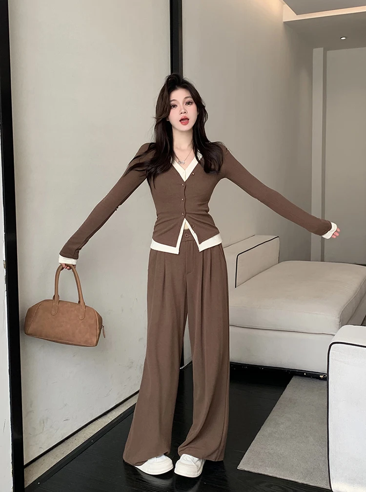 Autumn Casual Two-piece Pants Set Women Long Sleeves V-neck Single Breasted Top Wide Leg Pants Korean Fashion Outfits New