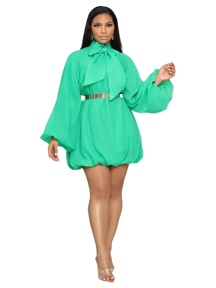 Wmstar Dress Women Wholesale European American Woman Dresses with Bow Decoration Puffed Sleeves Loose Chiffon Lining 2025
