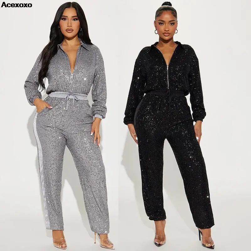 

Sequin jumpsuit sequin sexy deep V-neck