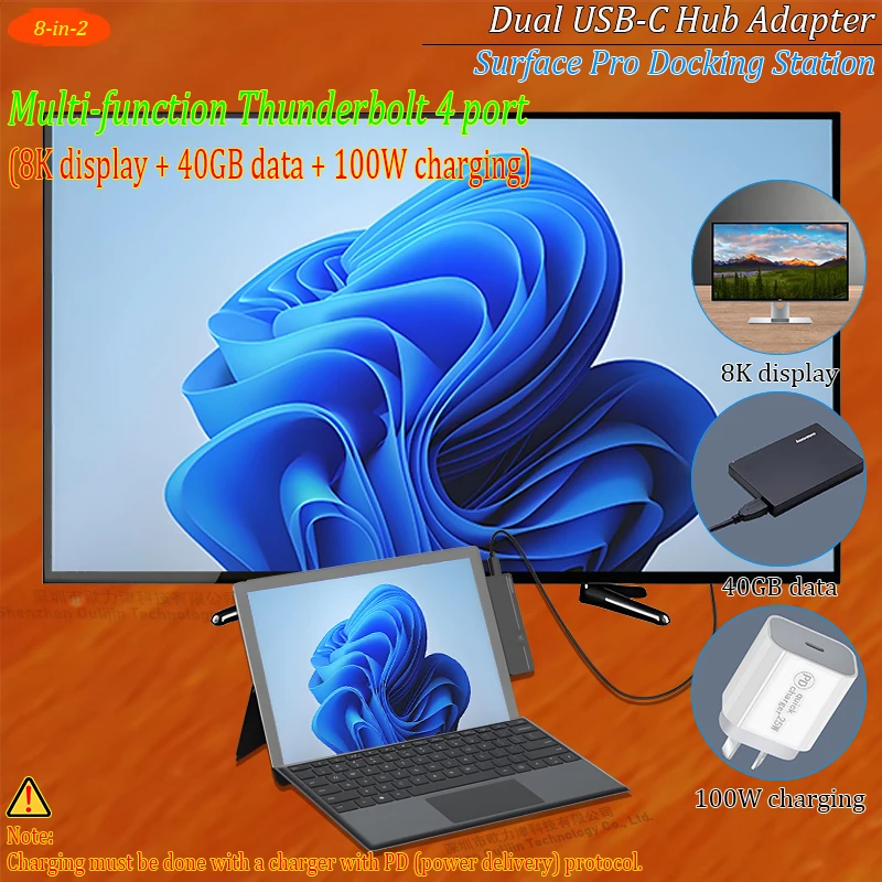 For Surface Laptop Windows Surface Pro Hdmi Adapter Dual USB-C Hub