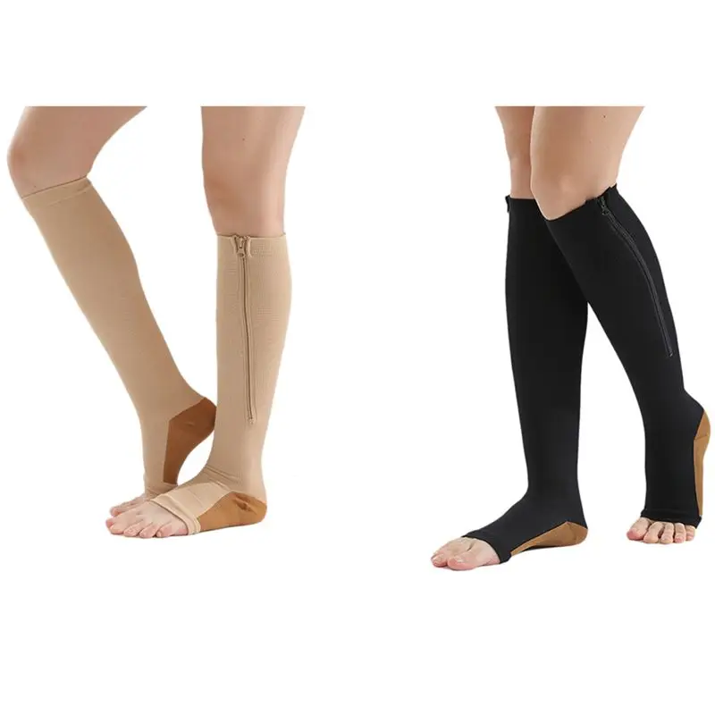MOMO 2Pair Compression Stockings Nylon Zipper Compression Sock Leg Knee Support Open Toe Preventing (Color/Black)XXL